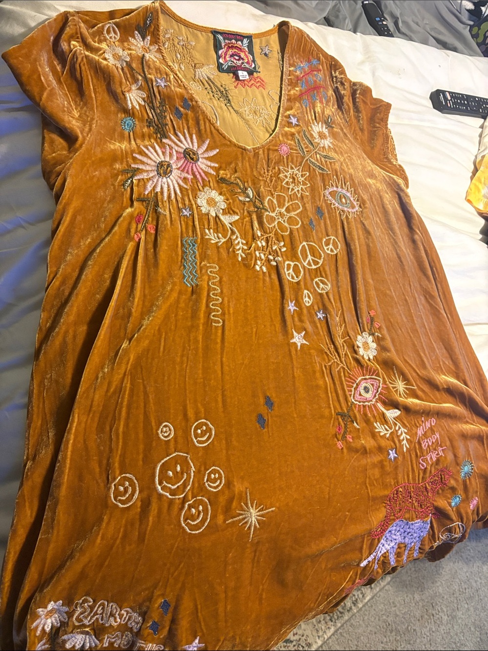 Johnny Was Mustard Velvet Embroidered V-Neck Tunic